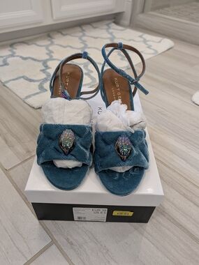 Kurt Geiger Teal Velvet Quilted Kensington Ankle-Strap Sandals 8.5 NWT